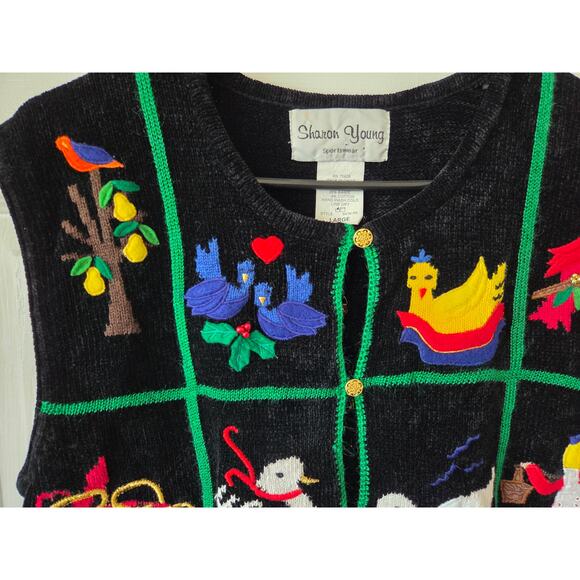 Sharon Young Large 12 Days of Christmas Embroidered VEST Button Up Black - Picture 7 of 10